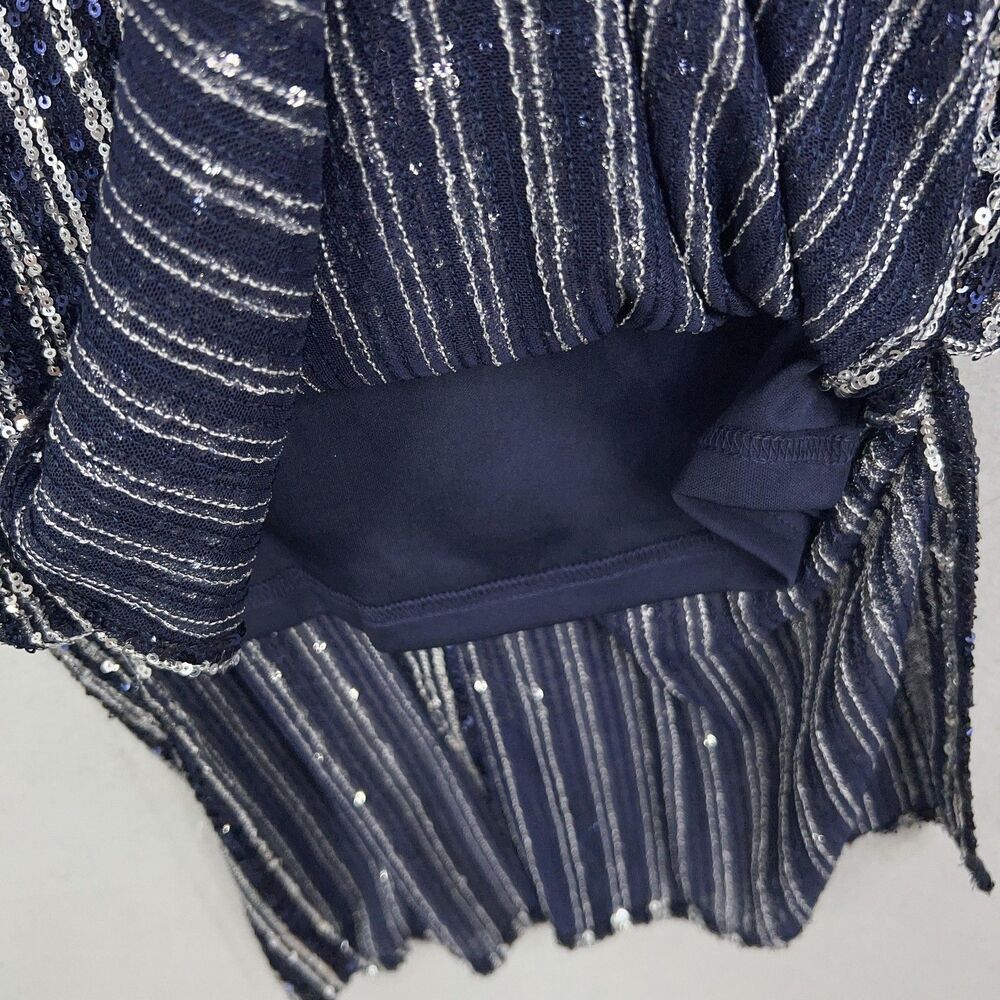 Anthropologie Flat White Dress Women Small Navy Blue Silver Sequin Striped Party - Picture 8 of 16